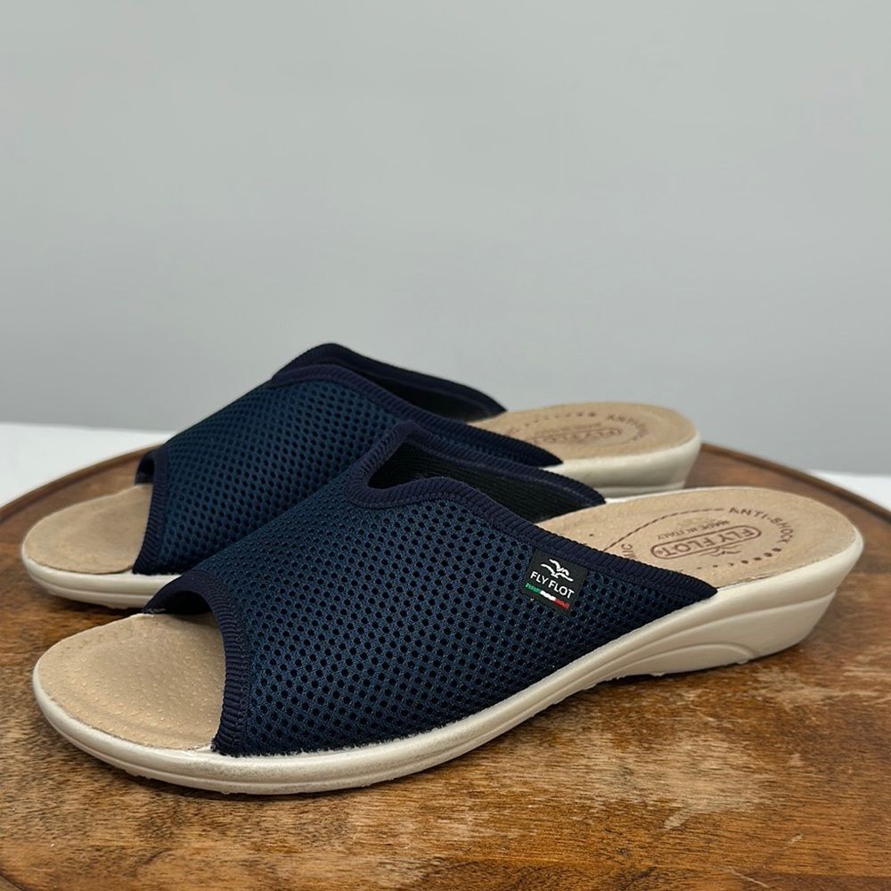 Fly Flot Shoes Wm 40 (US 8) Blue Mesh Slide Wedge Open Toe Sandals Comfort